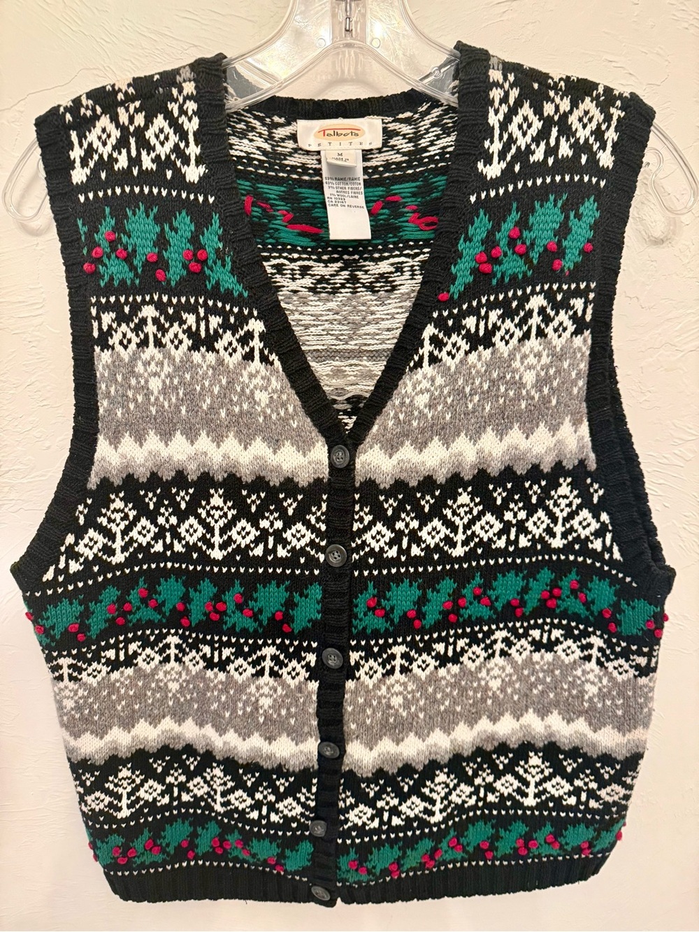 Talbots Black Fair Isle V‑Neck Button Vest with Green and Red Holly Accents